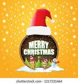 vector Christmas label with red santa hat, tree , snow, cartoon snowman , kids elves and greeting text on wooden round sign background. vector red merry christmas card or banner