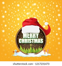 vector Christmas label with red santa hat, tree , snow, cartoon snowman , kids elves and greeting text on wooden round sign background. vector red merry christmas card or banner