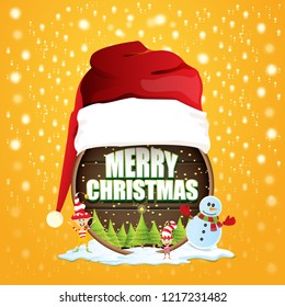 vector Christmas label with red santa hat, tree , snow, cartoon snowman , kids elves and greeting text on wooden round sign background. vector red merry christmas card or banner