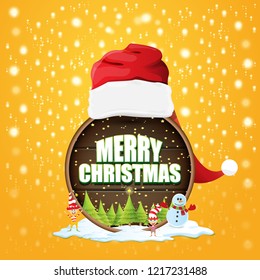 vector Christmas label with red santa hat, tree , snow, cartoon snowman , kids elves and greeting text on wooden round sign background. vector red merry christmas card or banner