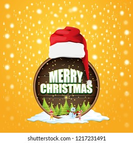 vector Christmas label with red santa hat, tree , snow, cartoon snowman , kids elves and greeting text on wooden round sign background. vector red merry christmas card or banner