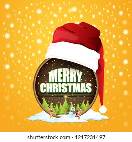 vector Christmas label with red santa hat, tree , snow, cartoon snowman , kids elves and greeting text on wooden round sign background. vector red merry christmas card or banner