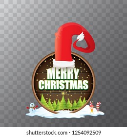 vector Christmas label with red santa hat, tree , snow, cartoon snowman , kids elves and greeting text isolated on transparent background. vector red merry christmas card or banner