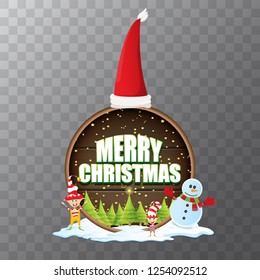 vector Christmas label with red santa hat, tree , snow, cartoon snowman , kids elves and greeting text isolated on transparent background. vector red merry christmas card or banner