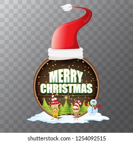 vector Christmas label with red santa hat, tree , snow, cartoon snowman , kids elves and greeting text isolated on transparent background. vector red merry christmas card or banner