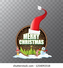 vector Christmas label with red santa hat, tree , snow, cartoon snowman , kids elves and greeting text isolated on transparent background. vector red merry christmas card or banner