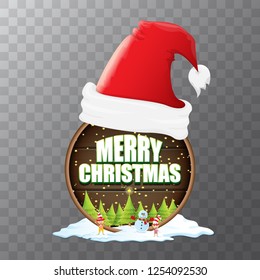 vector Christmas label with red santa hat, tree , snow, cartoon snowman , kids elves and greeting text isolated on transparent background. vector red merry christmas card or banner