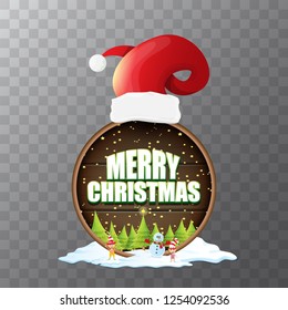 vector Christmas label with red santa hat, tree , snow, cartoon snowman , kids elves and greeting text isolated on transparent background. vector red merry christmas card or banner
