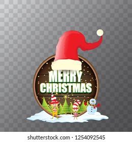 vector Christmas label with red santa hat, tree , snow, cartoon snowman , kids elves and greeting text isolated on transparent background. vector red merry christmas card or banner