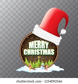 vector Christmas label with red santa hat, tree , snow, cartoon snowman , kids elves and greeting text isolated on transparent background. vector red merry christmas card or banner