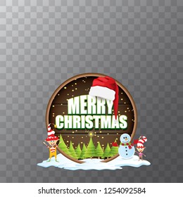 vector Christmas label with red santa hat, tree , snow, cartoon snowman , kids elves and greeting text isolated on transparent background. vector red merry christmas card or banner