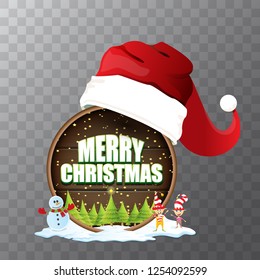 vector Christmas label with red santa hat, tree , snow, cartoon snowman , kids elves and greeting text isolated on transparent background. vector red merry christmas card or banner