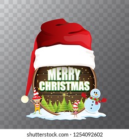 vector Christmas label with red santa hat, tree , snow, cartoon snowman , kids elves and greeting text isolated on transparent background. vector red merry christmas card or banner