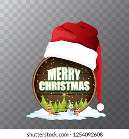 vector Christmas label with red santa hat, tree , snow, cartoon snowman , kids elves and greeting text isolated on transparent background. vector red merry christmas card or banner