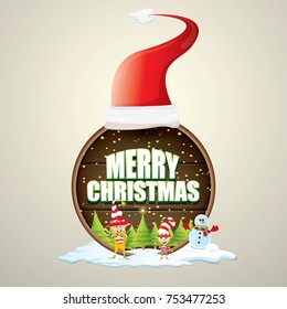 vector Christmas label with red santa hat, tree , snow, cartoon snowman , kids elves and greeting text on wooden round sign background. vector merry christmas card, banner design template or xmas back
