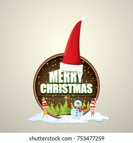 vector Christmas label with red santa hat, tree , snow, cartoon snowman , kids elves and greeting text on wooden round sign background. vector merry christmas card, banner design template or xmas back