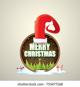 vector Christmas label with red santa hat, tree , snow, cartoon snowman , kids elves and greeting text on wooden round sign background. vector merry christmas card, banner design template or xmas back