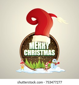 vector Christmas label with red santa hat, tree , snow, cartoon snowman , kids elves and greeting text on wooden round sign background. vector merry christmas card, banner design template or xmas back