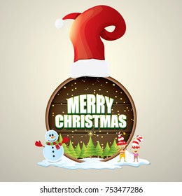 vector Christmas label with red santa hat, tree , snow, cartoon snowman , kids elves and greeting text on wooden round sign background. vector merry christmas card, banner design template or xmas back