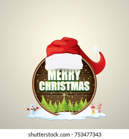 vector Christmas label with red santa hat, tree , snow, cartoon snowman , kids elves and greeting text on wooden round sign background. vector merry christmas card, banner design template or xmas back