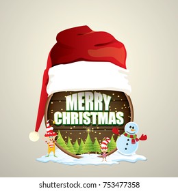 vector Christmas label with red santa hat, tree , snow, cartoon snowman , kids elves and greeting text on wooden round sign background. vector merry christmas card, banner design template or xmas back