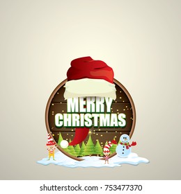 vector Christmas label with red santa hat, tree , snow, cartoon snowman , kids elves and greeting text on wooden round sign background. vector merry christmas card, banner design template or xmas back