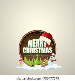vector Christmas label with red santa hat, tree , snow, cartoon snowman , kids elves and greeting text on wooden round sign background. vector merry christmas card, banner design template or xmas back