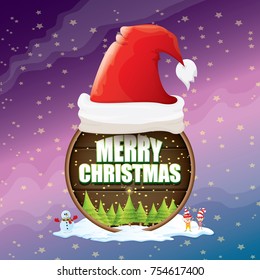 vector Christmas label with red santa hat, tree , snow, cartoon snowman , kids elves, night starry sky and greeting text on wooden round sign background. vector merry christmas card or banner