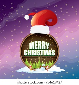 vector Christmas label with red santa hat, tree , snow, cartoon snowman , kids elves, night starry sky and greeting text on wooden round sign background. vector merry christmas card or banner