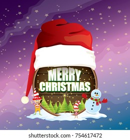 vector Christmas label with red santa hat, tree , snow, cartoon snowman , kids elves, night starry sky and greeting text on wooden round sign background. vector merry christmas card or banner