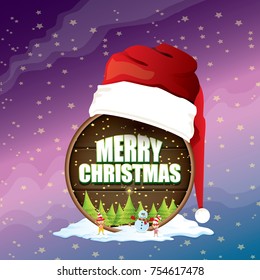 vector Christmas label with red santa hat, tree , snow, cartoon snowman , kids elves, night starry sky and greeting text on wooden round sign background. vector merry christmas card or banner