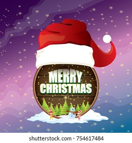 vector Christmas label with red santa hat, tree , snow, cartoon snowman , kids elves, night starry sky and greeting text on wooden round sign background. vector merry christmas card or banner