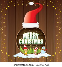 vector Christmas label with red santa hat, tree , snow, cartoon snowman , kids elves, night starry sky and greeting text on wooden round sign background. vector merry christmas card or banner