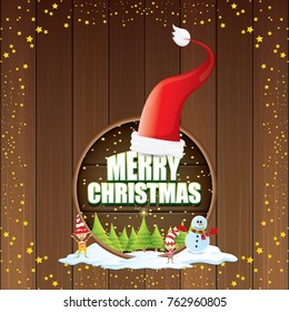 vector Christmas label with red santa hat, tree , snow, cartoon snowman , kids elves, night starry sky and greeting text on wooden round sign background. vector merry christmas card or banner
