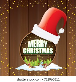 vector Christmas label with red santa hat, tree , snow, cartoon snowman , kids elves, night starry sky and greeting text on wooden round sign background. vector merry christmas card or banner