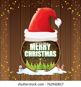 vector Christmas label with red santa hat, tree , snow, cartoon snowman , kids elves, night starry sky and greeting text on wooden round sign background. vector merry christmas card or banner
