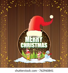 vector Christmas label with red santa hat, tree , snow, cartoon snowman , kids elves, night starry sky and greeting text on wooden round sign background. vector merry christmas card or banner