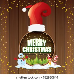 vector Christmas label with red santa hat, tree , snow, cartoon snowman , kids elves, night starry sky and greeting text on wooden round sign background. vector merry christmas card or banner