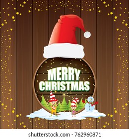 vector Christmas label with red santa hat, tree , snow, cartoon snowman , kids elves, night starry sky and greeting text on wooden round sign background. vector merry christmas card or banner