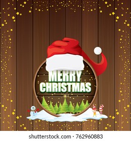 vector Christmas label with red santa hat, tree , snow, cartoon snowman , kids elves, night starry sky and greeting text on wooden round sign background. vector merry christmas card or banner