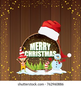 vector Christmas label with red santa hat, tree , snow, cartoon snowman , kids elves, night starry sky and greeting text on wooden round sign background. vector merry christmas card or banner