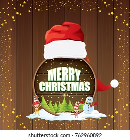 vector Christmas label with red santa hat, tree , snow, cartoon snowman , kids elves, night starry sky and greeting text on wooden round sign background. vector merry christmas card or banner