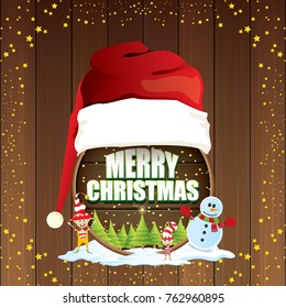 vector Christmas label with red santa hat, tree , snow, cartoon snowman , kids elves, night starry sky and greeting text on wooden round sign background. vector merry christmas card or banner