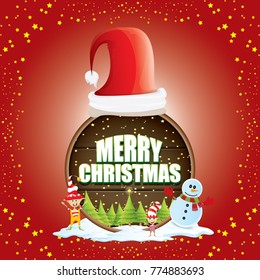vector Christmas label with red santa hat, tree , snow, cartoon snowman , kids elves and greeting text on wooden round sign background. vector red merry christmas card or banner