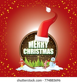 vector Christmas label with red santa hat, tree , snow, cartoon snowman , kids elves and greeting text on wooden round sign background. vector red merry christmas card or banner