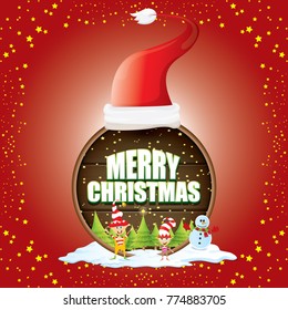 vector Christmas label with red santa hat, tree , snow, cartoon snowman , kids elves and greeting text on wooden round sign background. vector red merry christmas card or banner