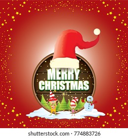 vector Christmas label with red santa hat, tree , snow, cartoon snowman , kids elves and greeting text on wooden round sign background. vector red merry christmas card or banner