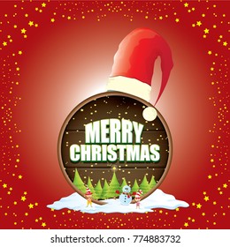vector Christmas label with red santa hat, tree , snow, cartoon snowman , kids elves and greeting text on wooden round sign background. vector red merry christmas card or banner