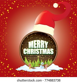 vector Christmas label with red santa hat, tree , snow, cartoon snowman , kids elves and greeting text on wooden round sign background. vector red merry christmas card or banner
