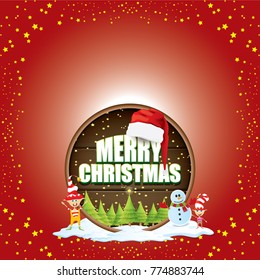 vector Christmas label with red santa hat, tree , snow, cartoon snowman , kids elves and greeting text on wooden round sign background. vector red merry christmas card or banner